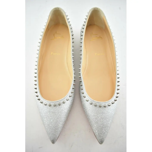 Christian Louboutin Anjalina Flat Silver Glitter Spike Pointed Ballerina 38.5 - Picture 5 of 12